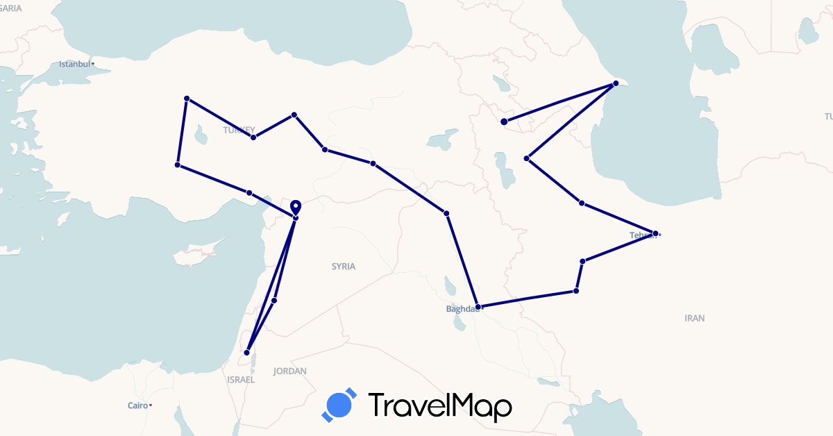 TravelMap itinerary: driving in Azerbaijan, Israel, Iraq, Iran, Syria, Turkey (Asia)